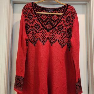 Roaman's-22/24-Fit and Flare Tunic Sweater-Red Black Fair Isle